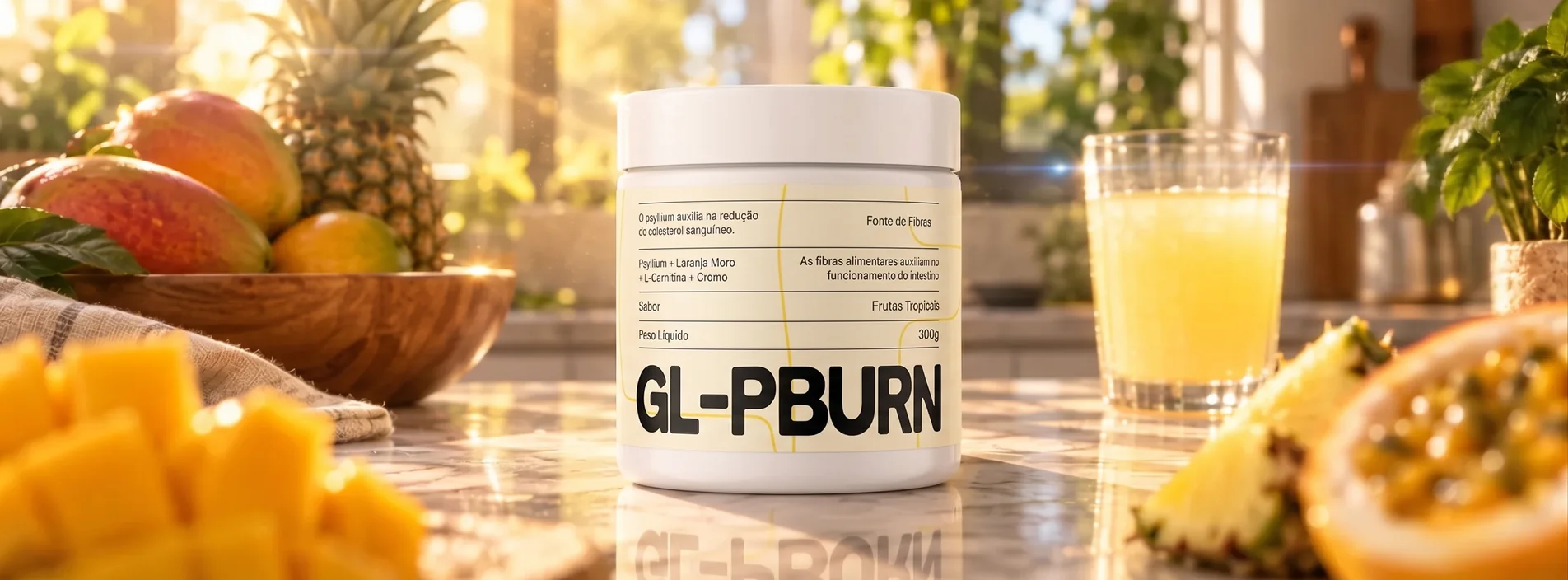 GLP Burn numa bancada de cozinha com manga, abacaxi e maracujá